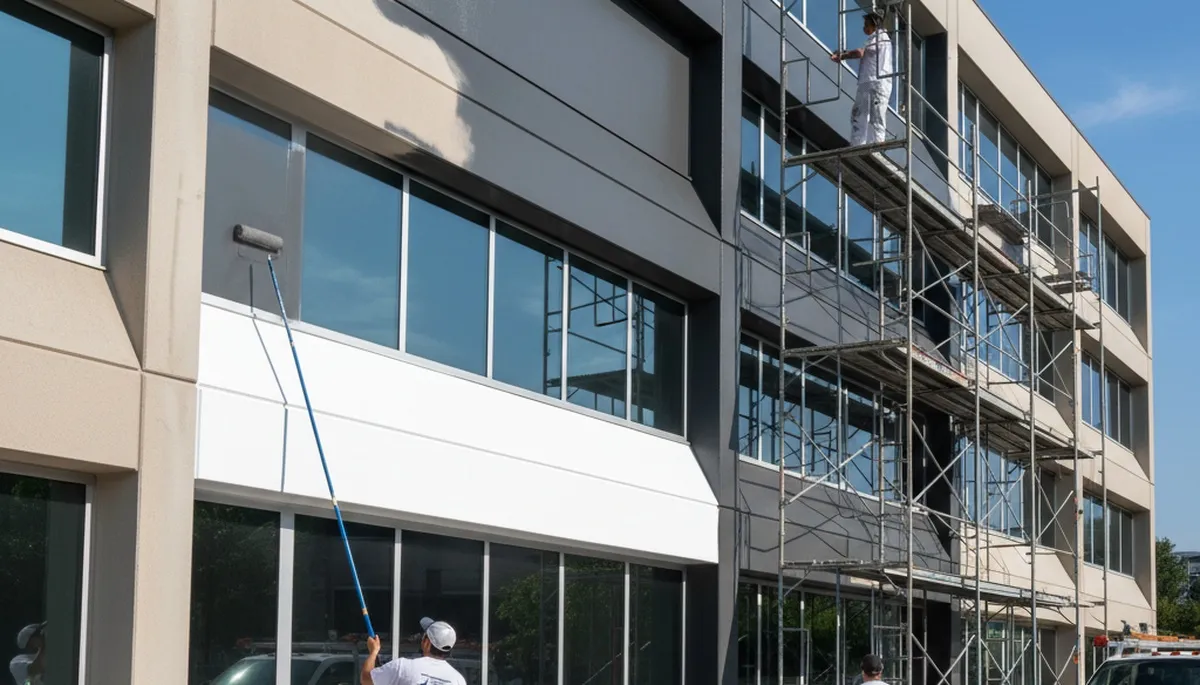 Professional commercial painters coating office exterior in Worcester, MA