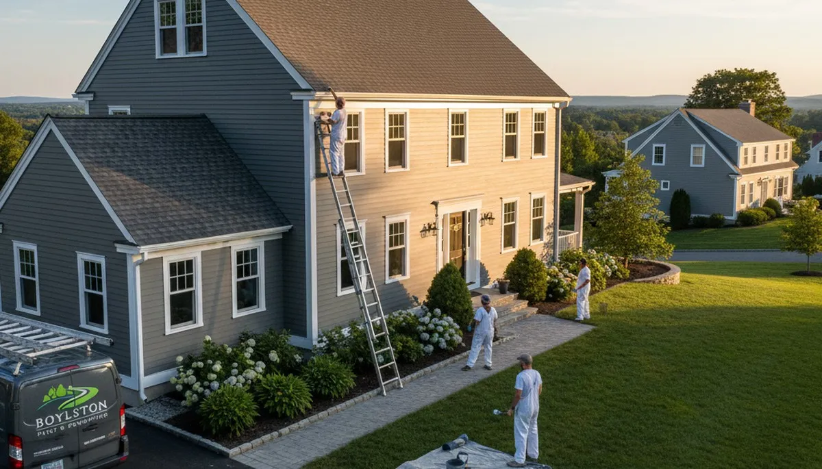 Professional house painters working on exterior home in Worcester MA